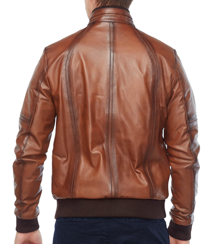 Tan Color Waxed Brown Leather Bomber Jacket