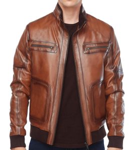Tan Color Waxed Brown Leather Bomber Jacket