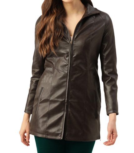Women Brown Solid Lightweight Leather Jacket