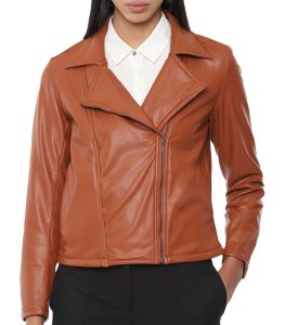 Camel Leather Moto Jacket For Women