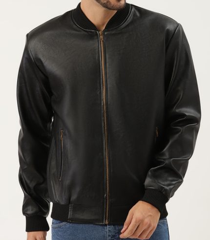 Men Black Men Solid Leather Jacket