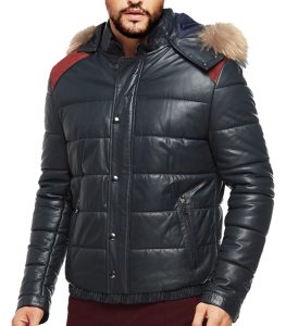 Men’s Navy Blue Hooded Leather Jacket