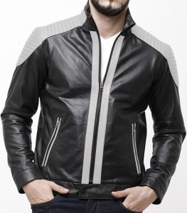 Men's White/Grey Contrast Stand Collar Leather Moto Jackets