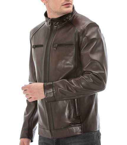 Mens Brown Leather Jacket in Bomber Style