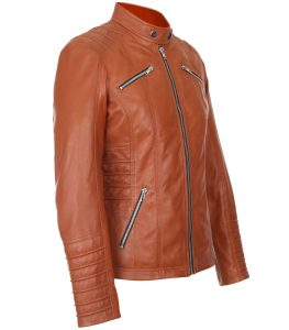 Womens Brown Ribbed Design Motorcycle Jacket 4