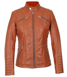 Womens Brown Ribbed Design Motorcycle Jacket 1