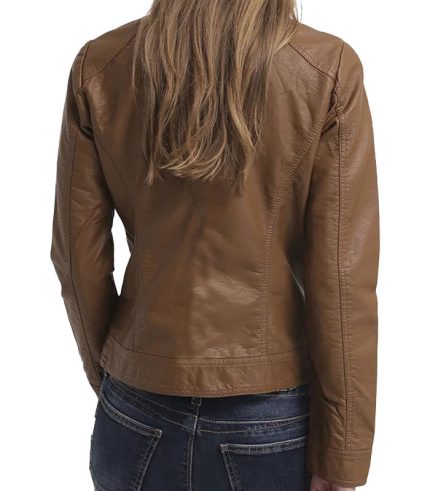 Women Textured Biker Brown Leather Jacket