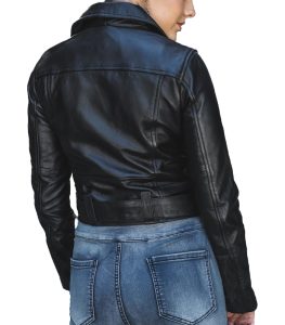 Women Belted Moto Black Leather Jacket