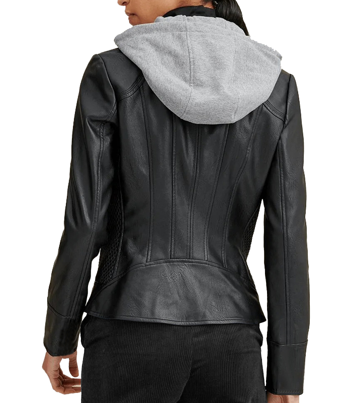 Women Hooded Black Leather Jacket