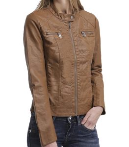 Women Textured Biker Brown Leather Jacket