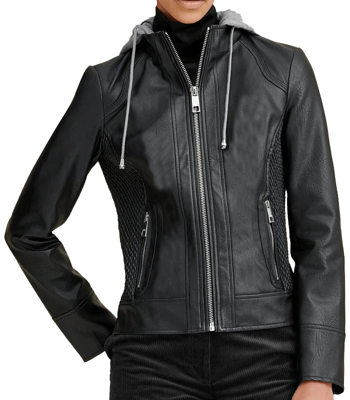 Women Hooded Black Leather Jacket