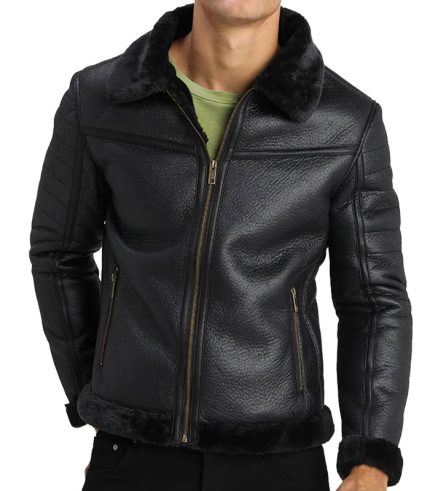Black Shearling Leather Jacket for Men