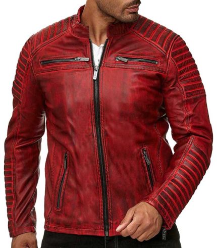 Mens Red Bridge Biker Leather Jacket