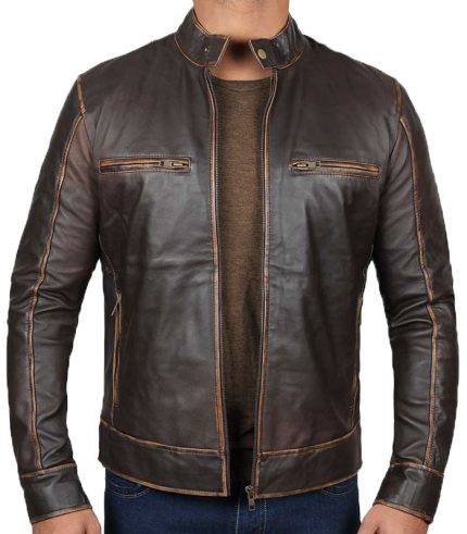 Mens Brown Cafe Racer Motorcycle Leather Jacket