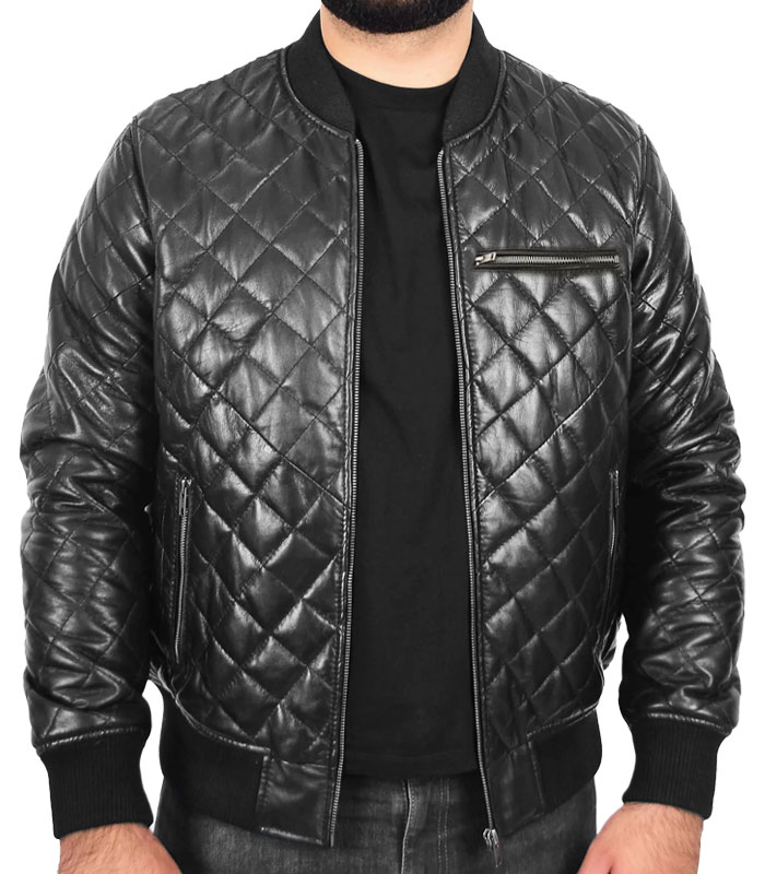 Black Quilted Leather Jacket For Men