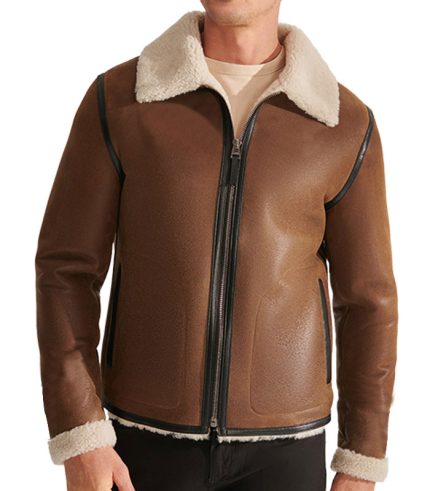Mens Brown Tan Pilot Fur Leather Jacket