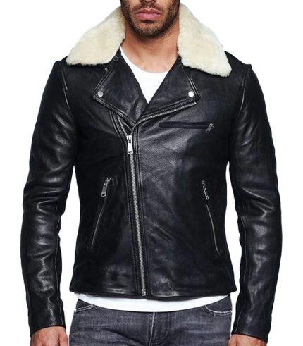 Mens White Faux Fur Black Leather Jacket