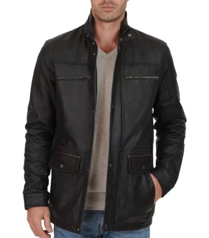 Mens Elegant Black Leather Winter Coat