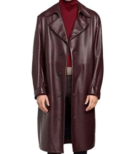 Mens Maroon Long Leather Trench Coat