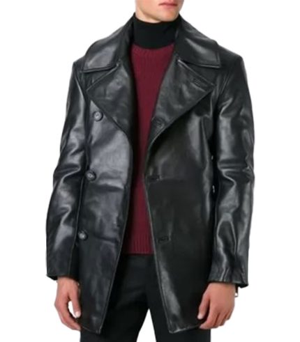 Black Leather Pea Coat for Men
