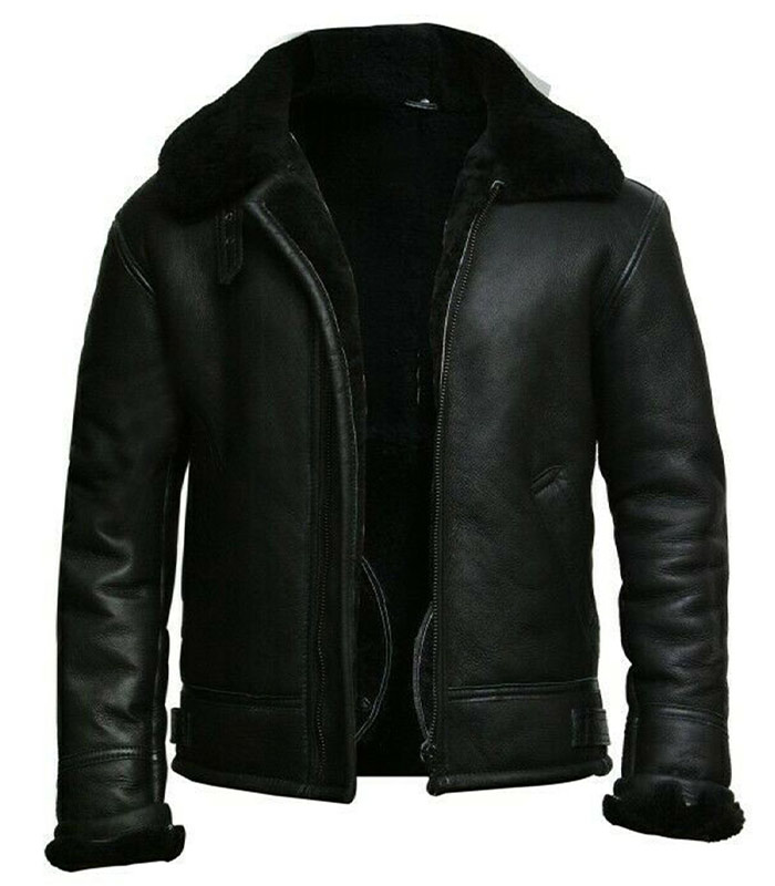 Men B3 Bomber RAF Aviator Fur Collar Black Leather Jacket