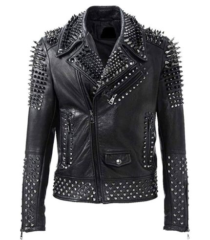 Men Studded Punk is Pride Motorcycle Leather Spikes Jacket
