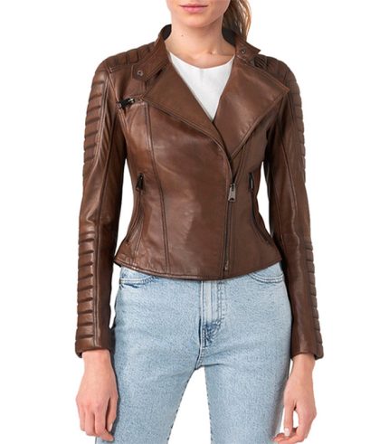 Women Biker Bold Cropped Brown Leather Jacket