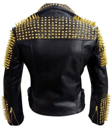 Women Heavy Metal Gold Studs Black Motorcycle Jacket 1