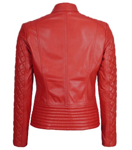 Women Red Leather Quilted Biker Jacket 1