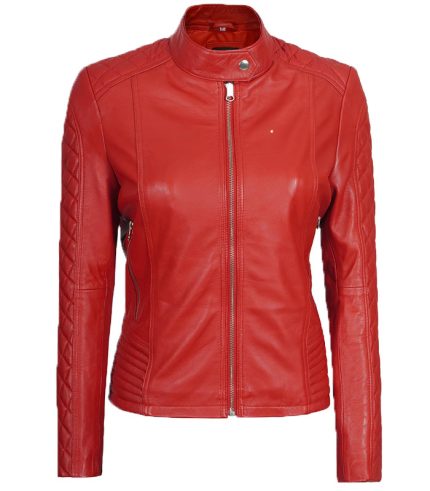 Women Red Leather Quilted Biker Jacket