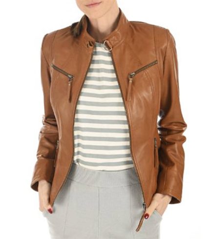 Women Slim Fit Tan Brown Leather Jacket