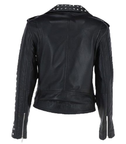 Women Studded Motorcycle Black Leather Jacket 1