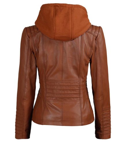 Women Tan Brown Removable Hoodie Leather Jacket 1