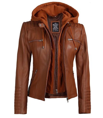 Women Tan Brown Removable Hoodie Leather Jacket