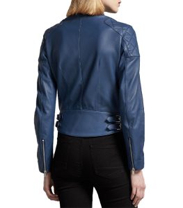 Womens Classic Blue Biker Leather Jacket 1