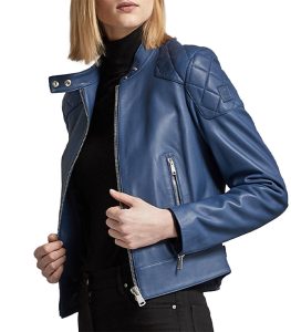 Womens Classic Blue Biker Leather Jacket