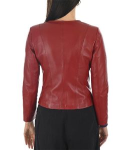 Womens Collarless Maroon Leather Jacket