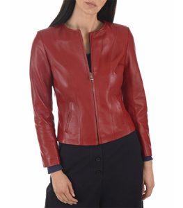 Womens Collarless Maroon Leather Jacket