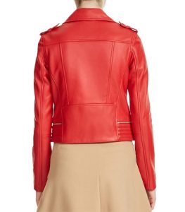 Womens Rose Red Leather Moto Style Zipper Jacket 1