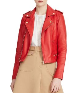 Womens Rose Red Leather Moto Style Zipper Jacket