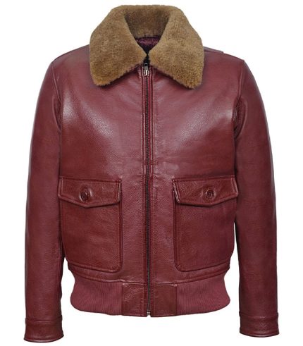 Men Cherry Bomber Ginger Fur Collar Leather Jacket