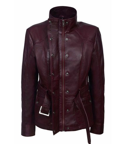 Women Military Style Cherry Plum Slim Fit Leather Jacket 2