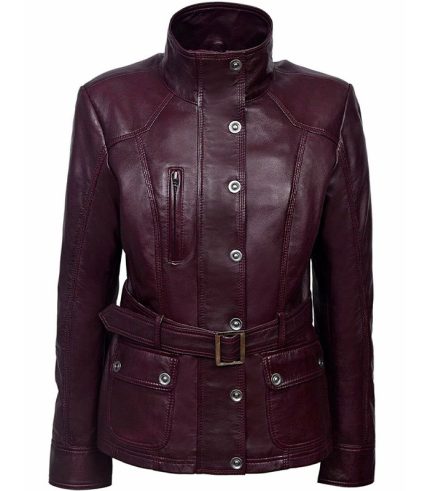 Women Military Style Cherry Plum Slim Fit Leather Jacket