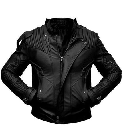 Men Black Short Collar Biker Sheepskin Leather Jacket
