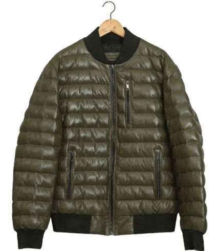 Men Olive Puffer Leather Jacket