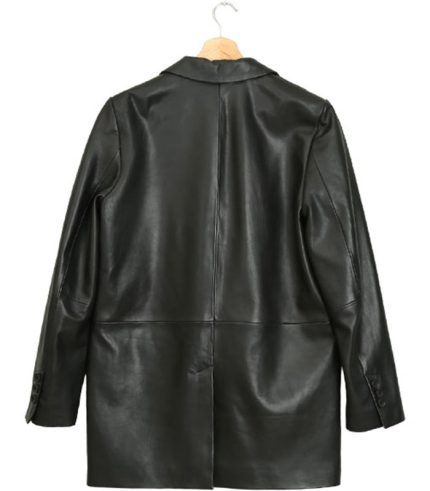 Women 1 Button Black Leather Blazer 1