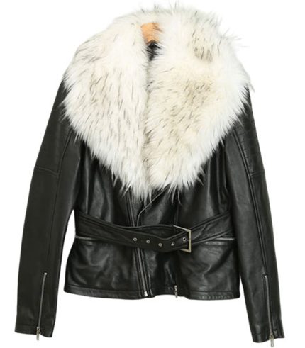 Women Faux Fur Collar Leather Jacket