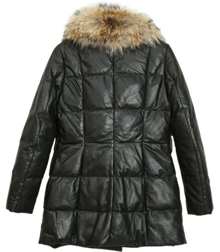 Women Faux Fur Collar Black Puffer Coat 1