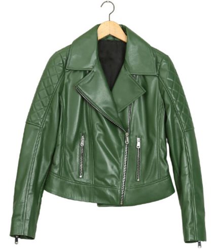 Women Green Leather Biker Jacket