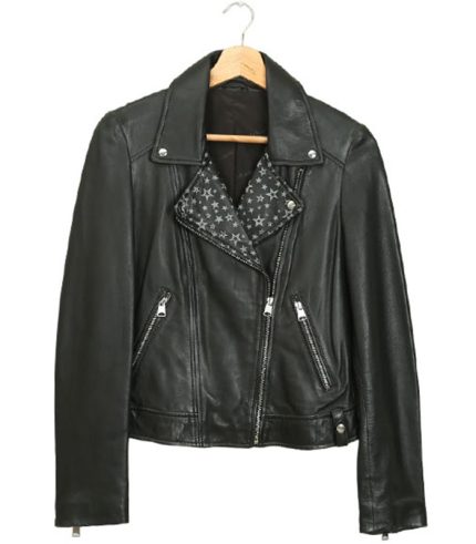 Women Star Printed Biker Leather Jacket